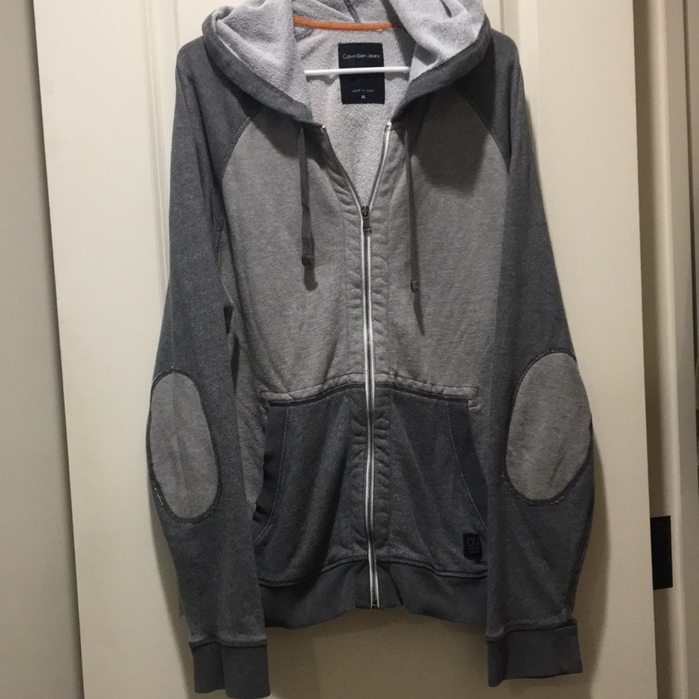 Calvin Klein men ZipUp Hoodie sweatshirt jacket 2Tone expose seams elbow pads XL